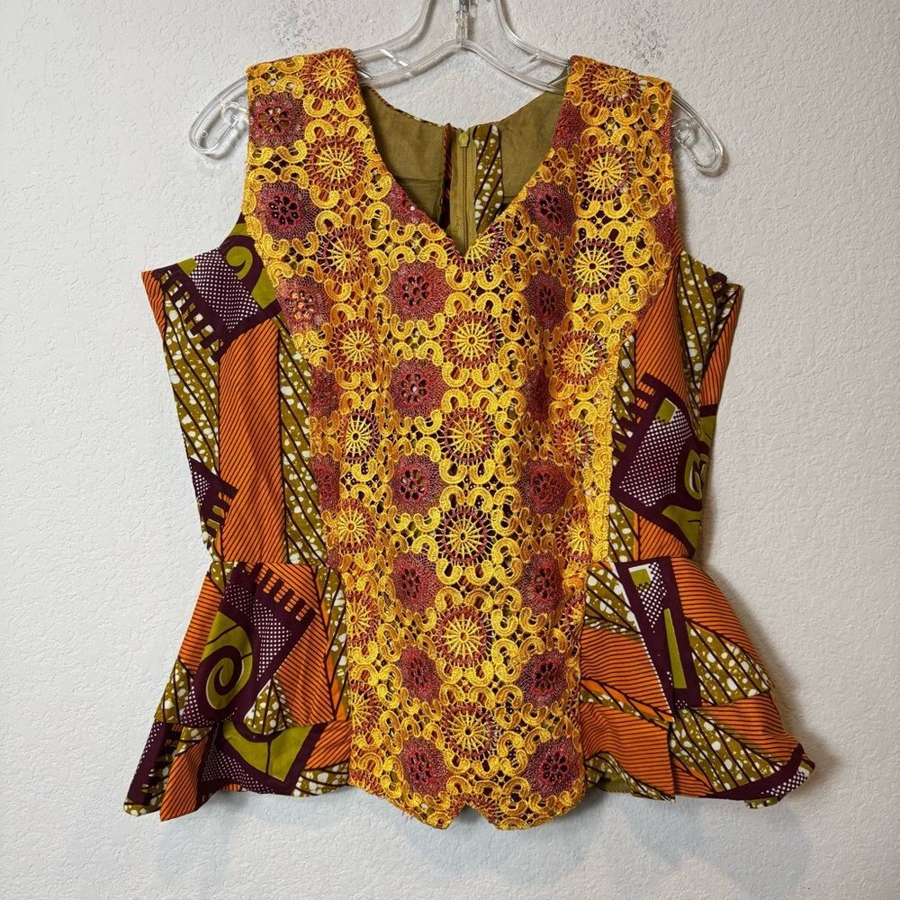 Handmade Vibrant Yellow Lace and Orange Women's Fitted Top Sz L see measurements - Picture 2 of 9
